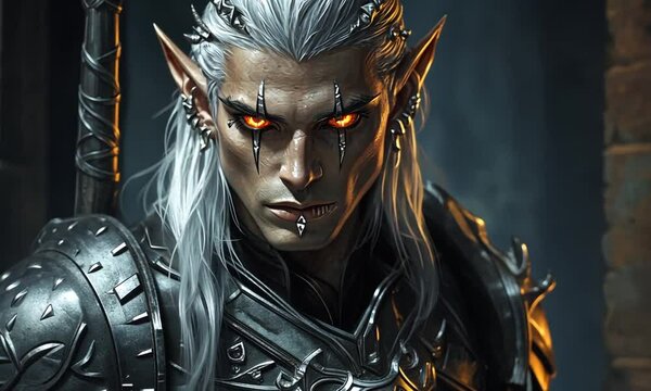 Dark-Eyed Elf Warrior in Black Armor