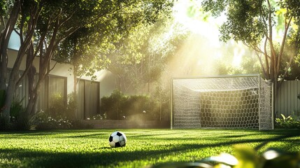 Serene Backyard Soccer Field with Morning Sunlight