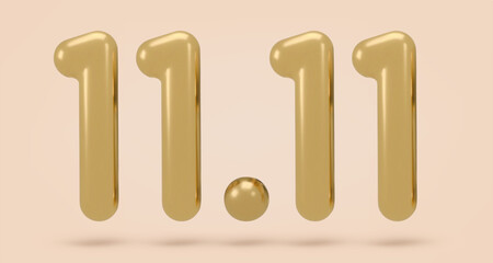 Golden icon, 3d render sign, 11 November. Realistic design element. Vector illustration isolated on gold background for postcard, icons, poster, banner, web, design, arts. Black Friday Sale