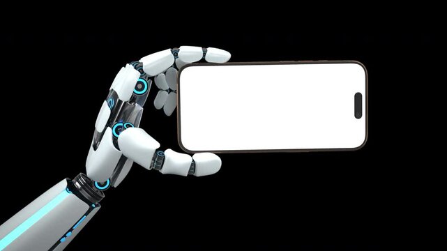4k Video Humanoid Robot Hand Smartphone, Transparent Background. ProRes 4444 with Alpha Channel.