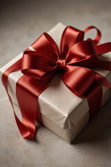 Obraz premium elegant gift surprise luxurious wrapped present with flowing red ribbon on neutral background soft lighting minimalist composition 