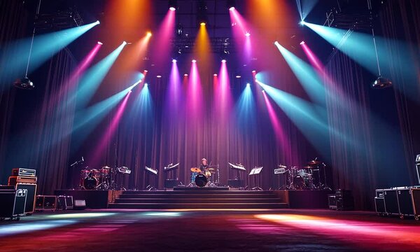 An empty stage lit with colorful spotlights