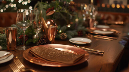 A beautifully arranged holiday table featuring copper plates and brown accents, perfect for festive gatherings. includes elegant glassware, seasonal greenery, candles, and warm lighting