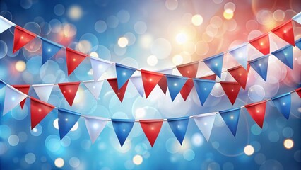 Obraz premium Party Bunting with Red, White, and Blue Triangles for Celebrations, Events, and Decorations in a Bokeh Background Ideal for Festivities and National Holidays