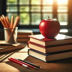 A Serene Study Scene: Books, Apple, and Pencil in Morning Light