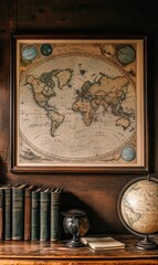 Fototapeta premium Vintage globe, books, and antique map.