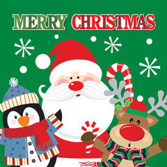 Christmas card with Santa, penguin and reindeer