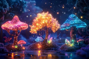 Fototapeta premium A magical forest filled with glowing mushrooms and vibrant colors. These colorful plants shine in the dark. Nature and fantasy blend beautifully. Generative AI.