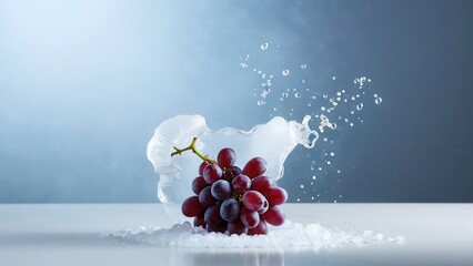 Bunch of grapes with water droplets and ice sphere on light background