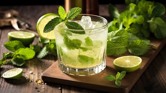 Refreshing mojito cocktail sitting on bar with limes and mint