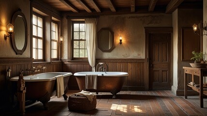 A rustic bathroom with two clawfoot tubs, wooden walls, and a window overlooking a lush green forest.