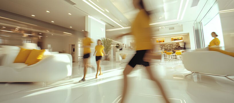 A blurred image of people walking through a modern lobby, highlighting the dynamic movement and minimalist design.