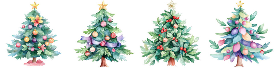Obraz premium Four colorful Christmas trees with festive decorations on a white isolated background.