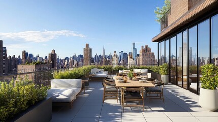 A modern rooftop terrace with dining furniture and lush greenery, offering the perfect setting for gatherings and relaxation under the open sky.