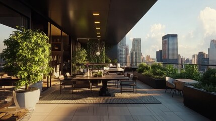 A modern rooftop terrace with greenery and a chic dining setup, providing a serene space for outdoor meals and casual get-togethers