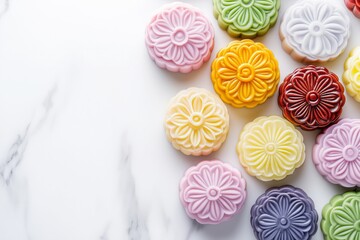 Fototapeta premium A flat lay of colorful mooncakes on a marble background.