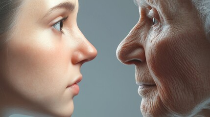 Obraz premium Face to face side-by-side comparison of a young and old women face, grey studio background.
