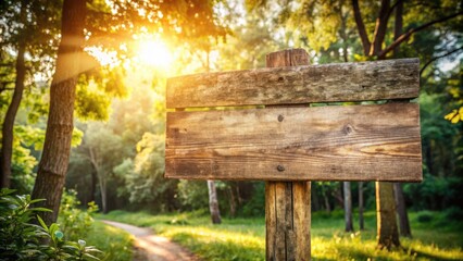 Fototapeta premium Rustic Empty Blank Wooden Signboard in Nature with Copy Space for Personalized Messages, Perfect for Outdoor Advertisements and Creative Projects, Ideal for Rustic Decor and Signage Needs
