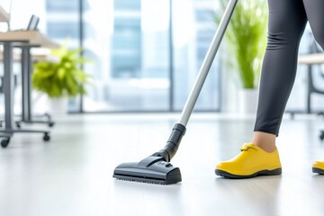 An office cleaner vacuuming a modern office space, professional cleaning service