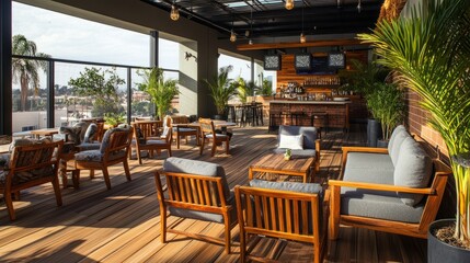 Obraz premium A rooftop terrace featuring wooden furniture, offering a natural vibe and a relaxing spot to enjoy city views.
