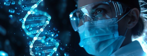 Woman scientist in protective glasses and mask working with DNA double helix hologram.