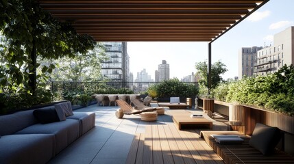Obraz premium A stylish terrace featuring wooden furniture, providing a natural, calming vibe in the middle of the city