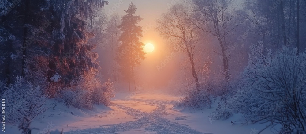 Poster a snowy forest path with trees covered in frost and a sun shining through the fog.