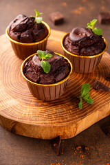 Chocolate brownie muffins with mint on dark background vertical photo