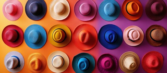 Colorful summer hats on a vibrant background.