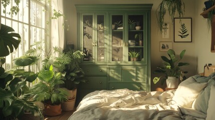 Bright bedroom with an urban jungle vibe, featuring green cabinets and sunlight pouring through the window onto lush indoor plants