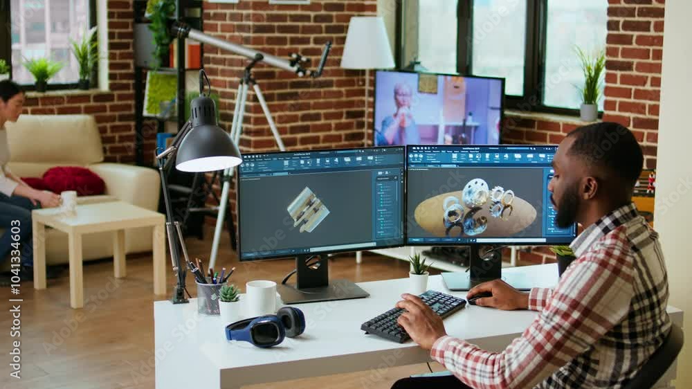 Poster african american industrial designer works on prototypes in a creative studio. doing tech driven rem