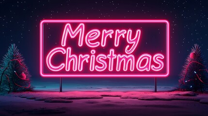 Obraz premium Festive neon signage illuminates the winter night with a joyous 'merry christmas' message for all to enjoy