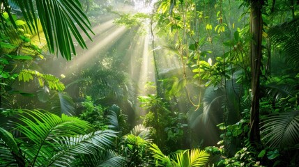 Dense Jungle with Vines and Light Rays Through Trees