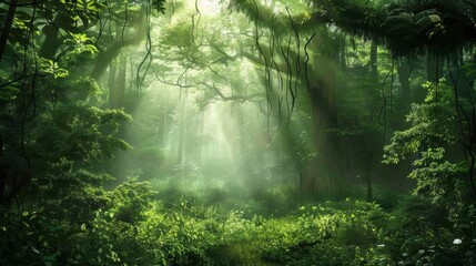Lush Jungle Scene with Vines and Light Rays