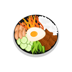 Illustration of Bibimbap, a typical Korean food, mixed rice with various toppings such as vegetables, meat and eggs, served with gochujang sauce.