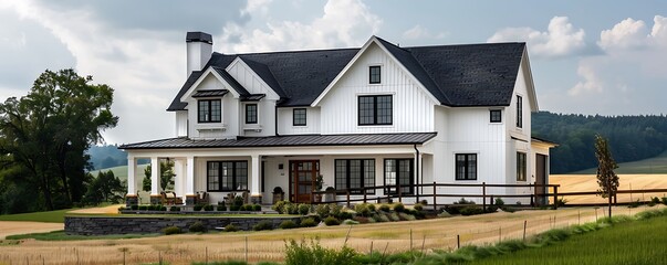 A contemporary farmhouse with white siding black trim and a large front porch Surrounded by rolling fields and a wooden fence