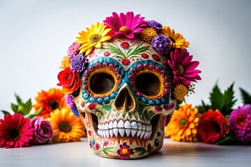 Vibrant Sugar Skull with Floral Adornments - Urban Exploration Photography