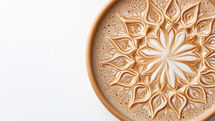 Obraz premium Intricate latte art in warm tones, perfect for showcasing creativity in a clean, text-friendly space.