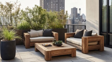 Natural wooden furniture placed on a building terrace, adding a rustic touch to the urban outdoor space.