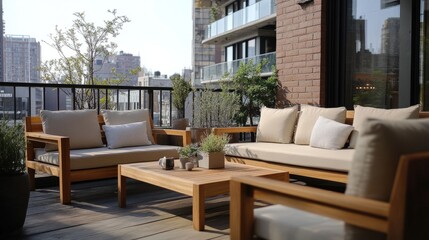 Natural wooden furniture placed on a building terrace, adding a rustic touch to the urban outdoor space.