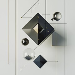 A minimalistic collage with geometric shapes and floating elements creating a modern abstract artwork in a neutral setting