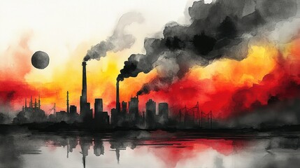 Industrial Cityscape with Smoke and Sunset
