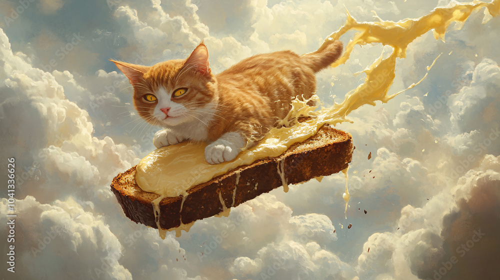 Poster a cat sailing on a piece of buttered toast through the clouds, leaving a trail of melted butter behi