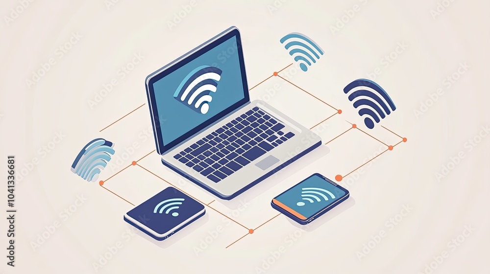 Poster isometric vector of a laptop and smartphone interconnected with wi-fi symbols, showing a digital net