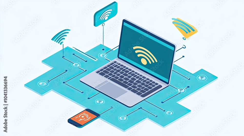 Poster isometric vector of a laptop and smartphone interconnected with wi-fi symbols, showing a digital net