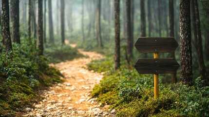 Scenic forest trail with directional signpost, serene atmosphere.