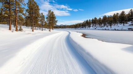 Snowcovered lakeside road winding through a winter forest, with frostcovered trees and a frozen lake beside the road