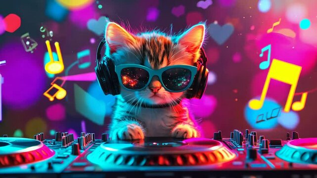 A cat wearing sunglasses and headphones is playing a DJ set