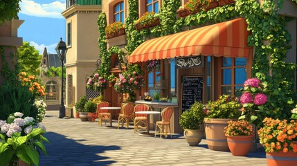 Colorful Outdoor Cafe in Paris with Lush Flowers