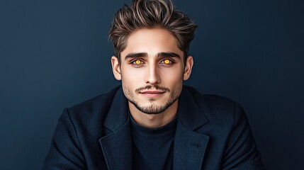 Obraz premium A striking portrait of a man, half human, half cyborg, with mechanical features and glowing eyes, set against a clean background.